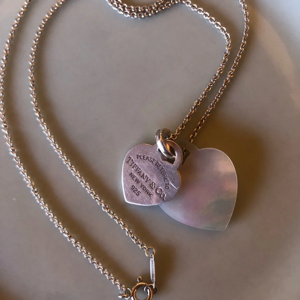 Tiffany & Co. Double Heart Tag 925 Sterling & Mother of Pearl Necklace - Picture 8 of 9
